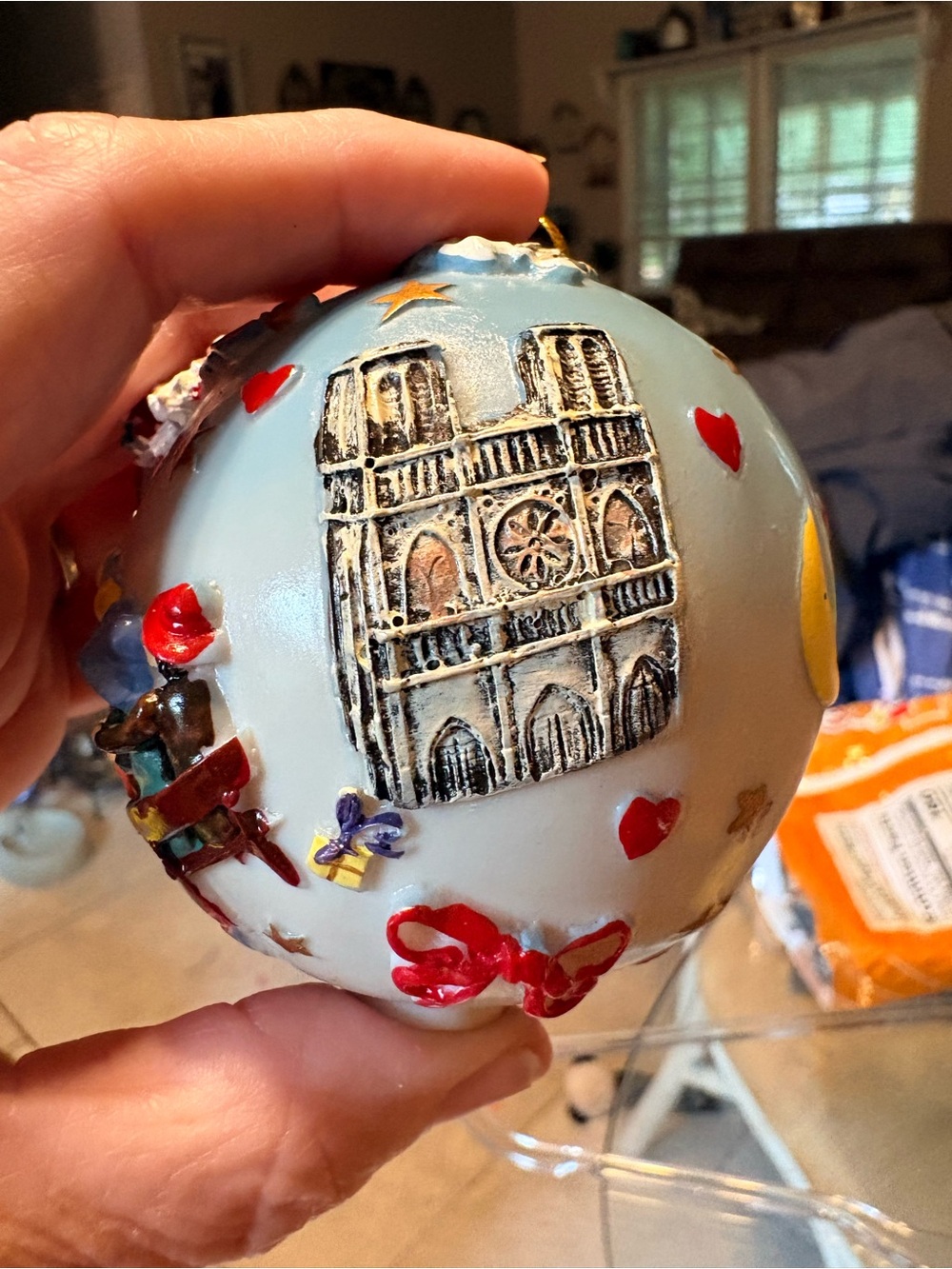Source Unknown Light Blue Cathedral Ornament with Red and Gold Accents